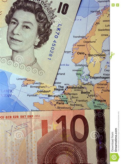 British Pound Sterling And Euro Banknotes On European Map Editorial
