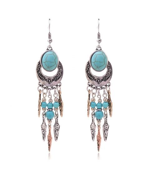 Sterling Silver Plated Long Imitation Turquoise Oval Stud Drop Earrings