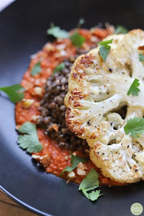vegan cauliflower steaks with lentils and romesco sauce cadry s kitchen