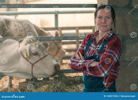 Proud Successful Farmer At Cow Dairy Farm Royalty Free Stock Image