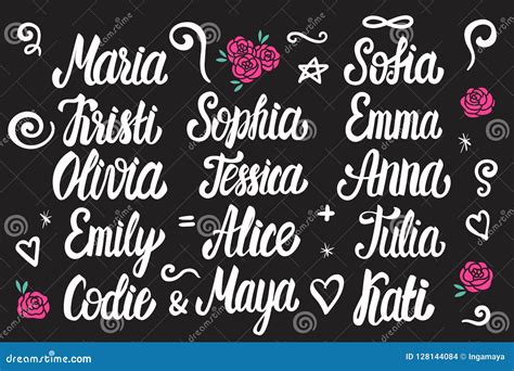 Set Of Female Names Lettering White Vintage Style Isolated On Dark