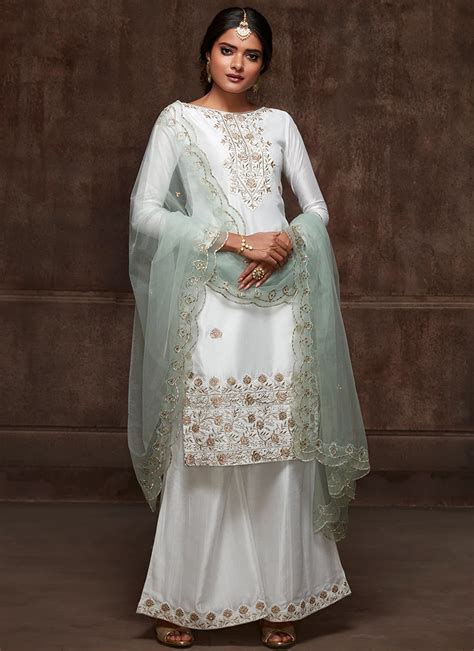 White Palazzo Suit With Mint Dupatta Indian Dresses For Women Dress