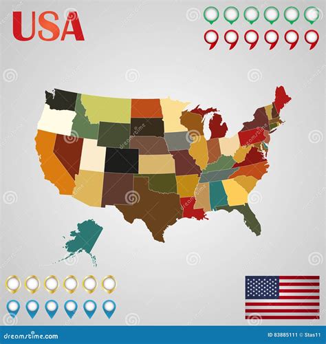 United States Map With Separated States Flag And Geo Stock Vector