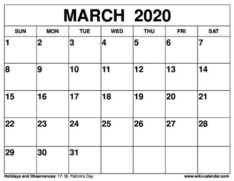 Wiki Calendar — March 2020 Calendar