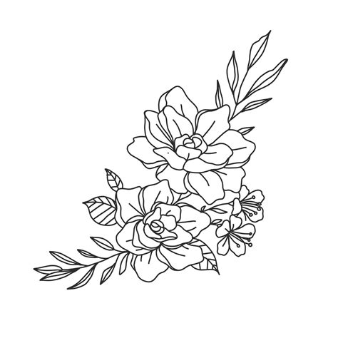 Beautiful Illustration Of Flower Arrangement With Foliage In An Outline