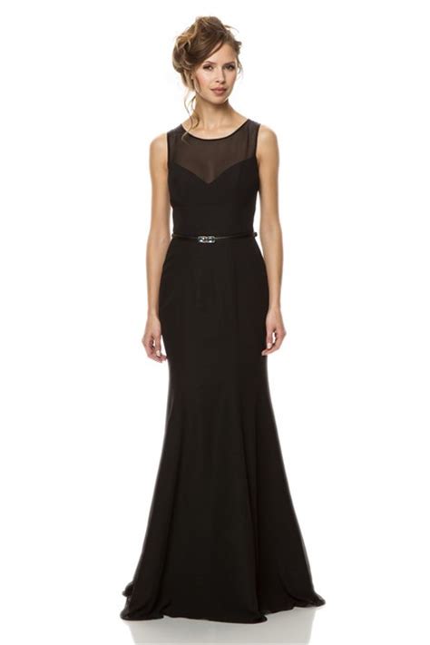 Fitted Mermaid Sheer Scoop Neckline Keyhole Back Long Black Chiffon Evening Bridesmaid Dress