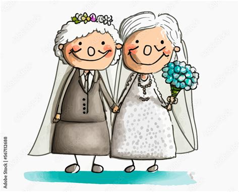 Vecteur Stock Smiling Old Lesbian Couple Celebrating Their Marriage In A Romantic Moment