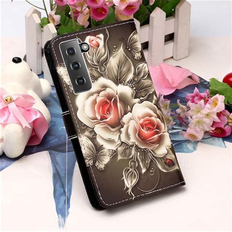 Black Rose Matte Leather Wallet Phone Case For Samsung Galaxy S21