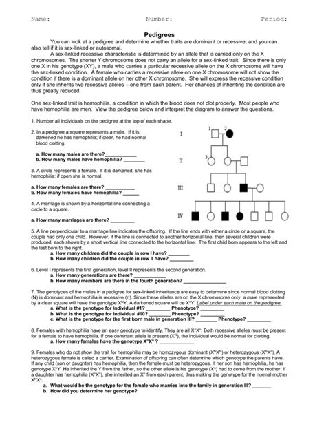 The royal disease1a) what is the probability that her 2a) looking at the pedigree of the royal family, identify which of beatrice's children received the hemophilic gene; Studying Pedigrees Activity Worksheet Answer Key + My PDF ...