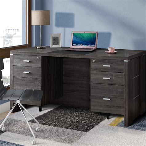 Wooden Desk With Locking Drawers Dark Taupe Gray Grey Desk Desk
