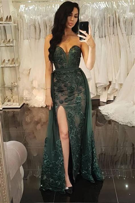 Unique Mermaid Sweetheart Dark Green Lace Split Prom Dressestwo Piece