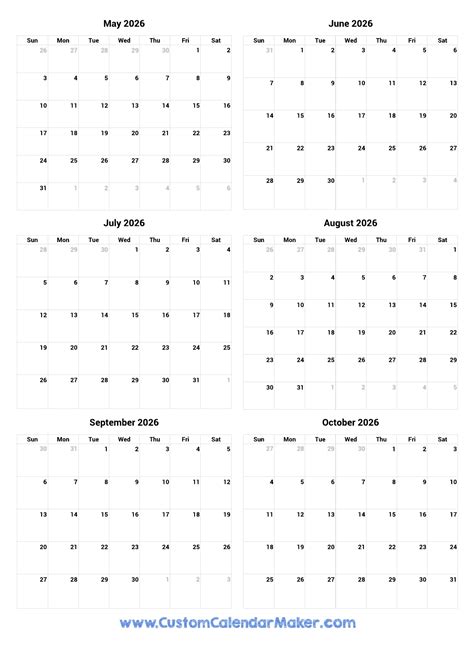 May To October 2026 Printable Calendar