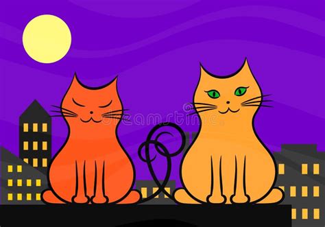 Two Cats In Love On Roof In The City At Night Stock Vector