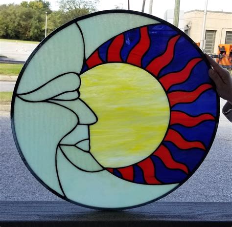 P Sun Moon Stained Glass Hanging Panel Etsy