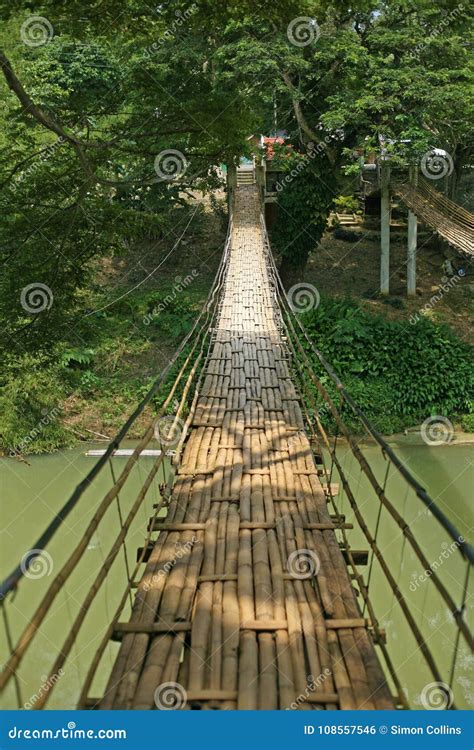 Crossing A Traditional Bamboo Bridge Over The Loboc River Stock Photo