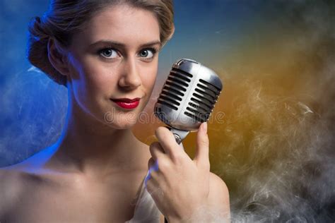 Attractive Female Singer With Microphone Stock Photo Image Of Effect