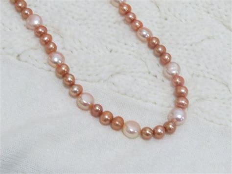 White And Golden Peach Genuine Freshwater Pearl Necklace Wedding