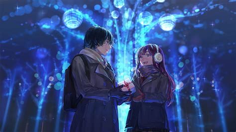 Anime Couple T Blue Glare Lights Background Anime Girl Hd Wallpaper