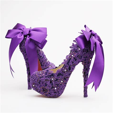 Fashion Handmade Fower High Heel Rhinestone Bridal Shoes Purple Lace Wedding Shoes Elegant