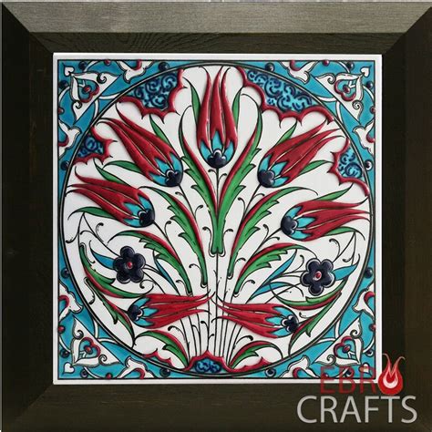 Turkish Iznik Ceramic Tile With Frame Tulip Design Wall Decor