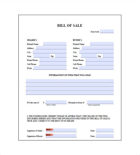 General Bill Of Sale Printable