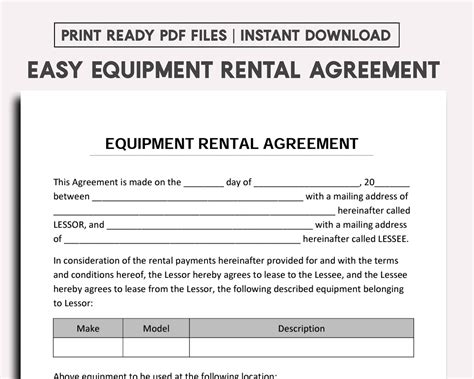 Equipment Rental Agreement Template Etsy Uk