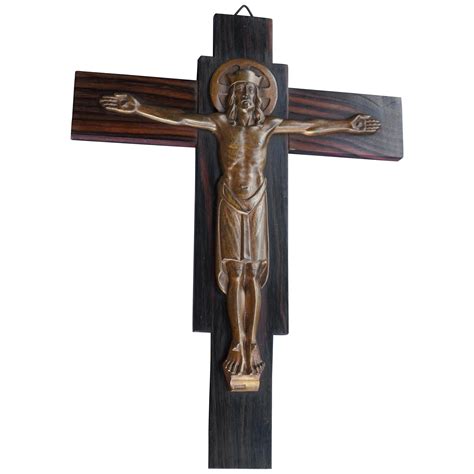 Crucifix With Crown Of Thorns Style Wooden Cross And Bronze Patinated