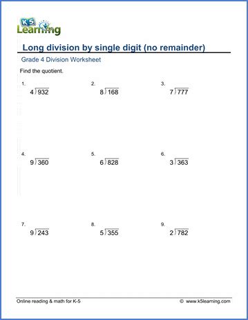 Grade Long Division Worksheets Free Printable K Learning