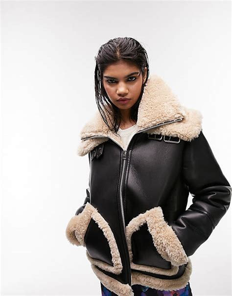 topshop faux shearling oversized aviator jacket with double collar detail in black asos