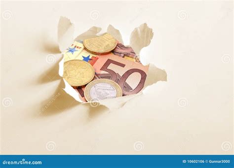 Euro Money Behind Hole In Paper Stock Photo Image Of Bank Space