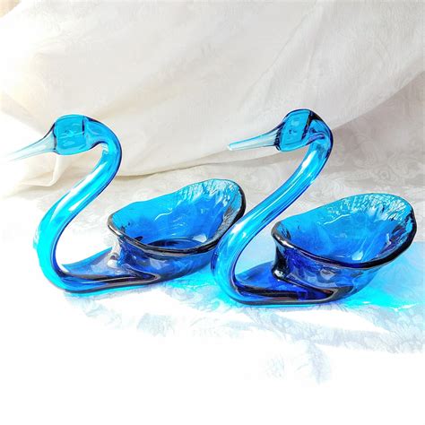 Vintage Hand Blown Blue Glass Swan Bowls Bluenique Art Glass Swan Trinket Dish Blue Glass Swan