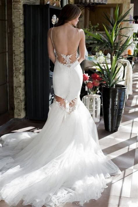 2019 New Sexy Backless Mermaid Wedding Dress Short Spaghetti Straps Lace Appliques Bridal Gowns