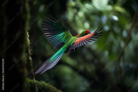 Flying Resplendent Quetzal Pharomachrus Mocinno Savegre In Costa Rica
