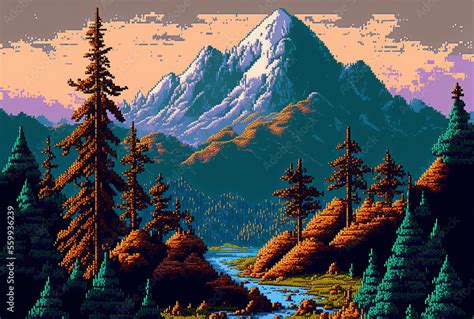 Pixel Art Landscape Of A River In A Pine Forest In The Mountains Sci