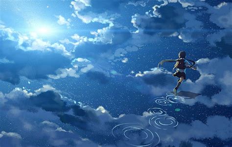 The Sky Water Girl The Sun Clouds Reflection Anime Sky Water