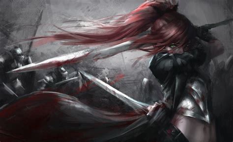 Fantasy Kobieta Wojownik Woman Warrior Dziewczyna Ponytail Red Hair Miecz Green Eyes Tapeta