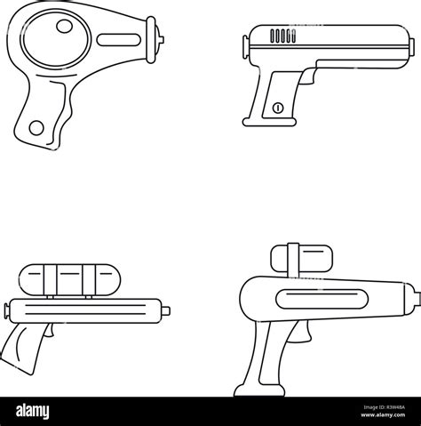 Squirt Gun Water Pistol Game Icons Set Outline Illustration Of Squirt Gun Water Pistol Game
