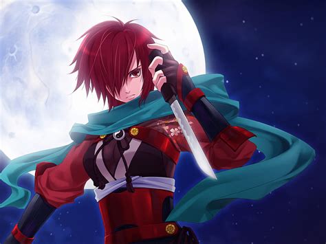 Meiko Moon Ninja Red Eyes Red Hair Scarf Vocaloid Weapon Anime Hd