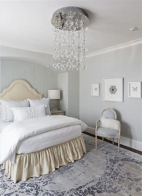Cream And Gray Bedroom With Crystal Droplets Chandelier Transitional