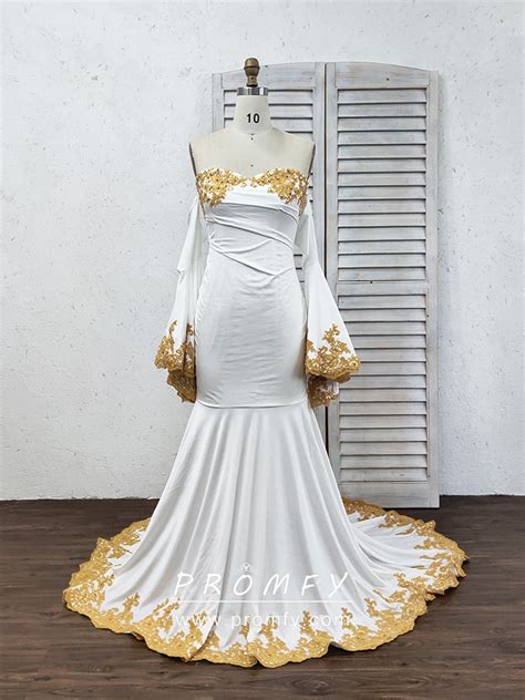 Promfy Gold Lace Aplliqued White Spandex Mermaid Prom Dress