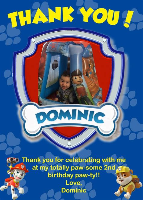 Paw Patrol Custom Thank You Card With Picture And Character Etsy