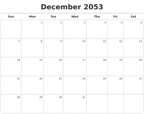 December 2053 Calendar Maker