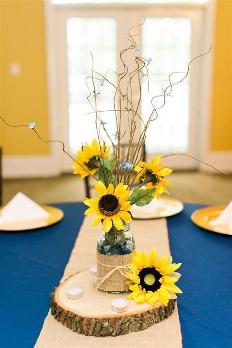 Low Sunflower Centerpiece In Glass Jar Sunflower Wedding Centerpieces Sunflower Wedding