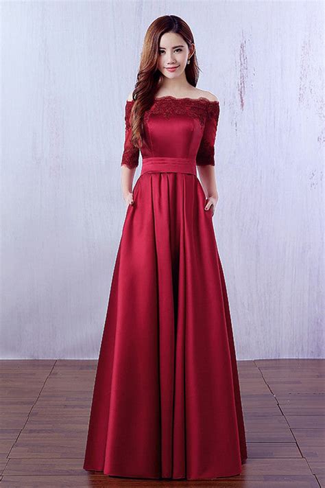34 Long Sleeves Dark Red Evening Prom Dresses Party Gowns With Pocket Laurafashionshop
