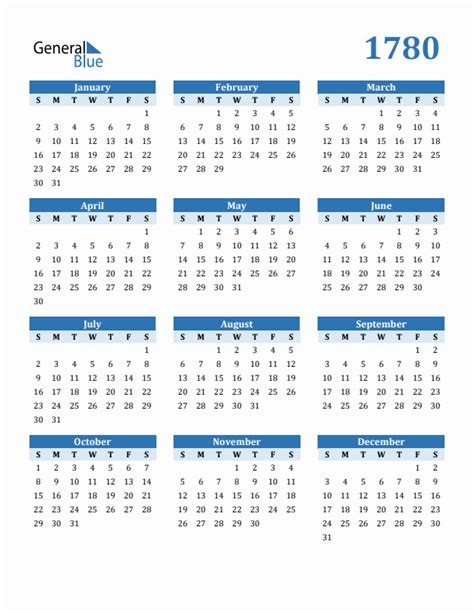 Free 1780 Year Calendar In Pdf Word And Excel