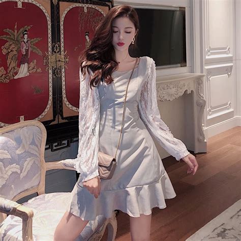 Party Mini Dress Women Aesthetic Lace Spring Elegant Fashion Chic Solid