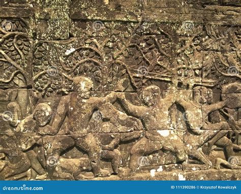 Cambodia Architecture Bas Relief Depicting Historical Events And Daily