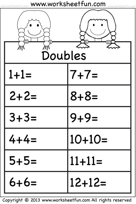Math Doubles Worksheet 1st Grade
