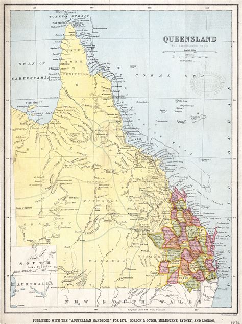 1874 Map Of Queensland Showing Railways Towns Counties Pastoral