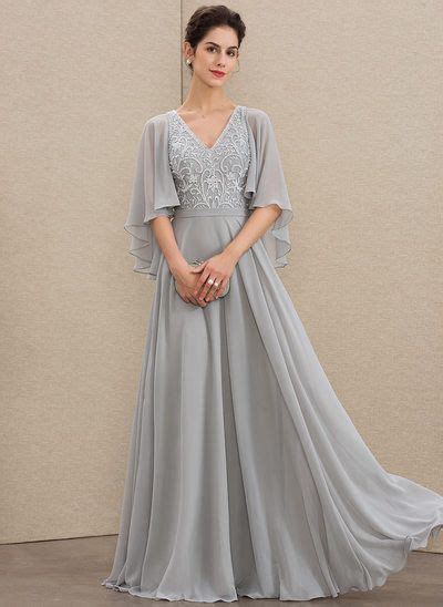 [us 184 00] A Line V Neck Floor Length Chiffon Lace Mother Of The Bride Dress With Beading